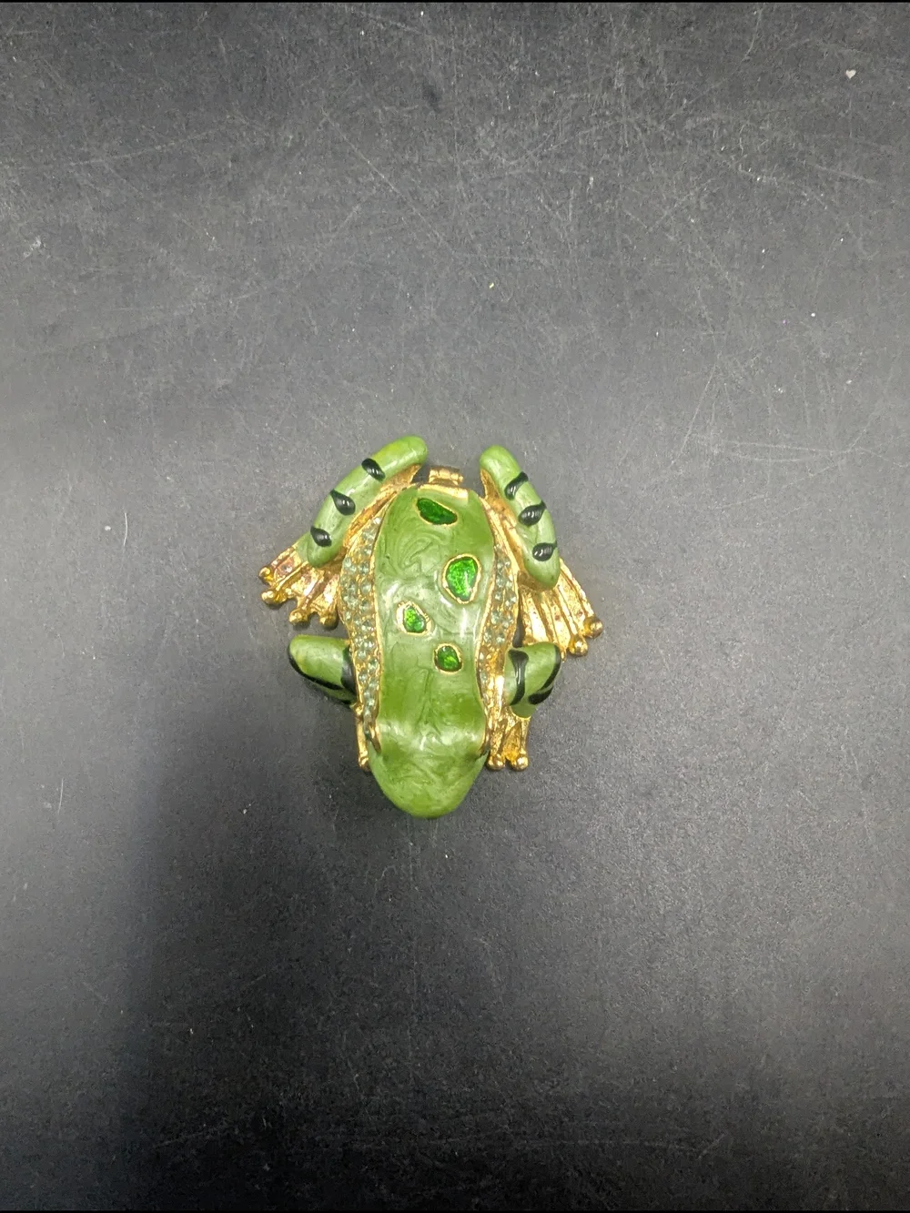Vintage Green Gold Enameled Frog Trinket Box w/Crystal Accents & Magnetic Hinge